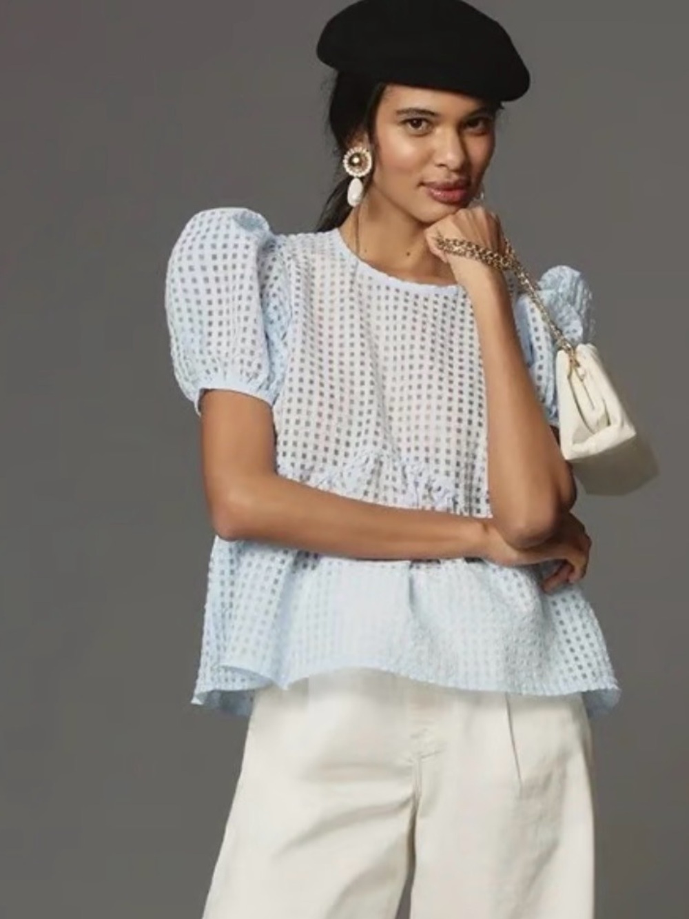 Anthropologie Light Blue Puff-Sleeve Eyelet Blouse